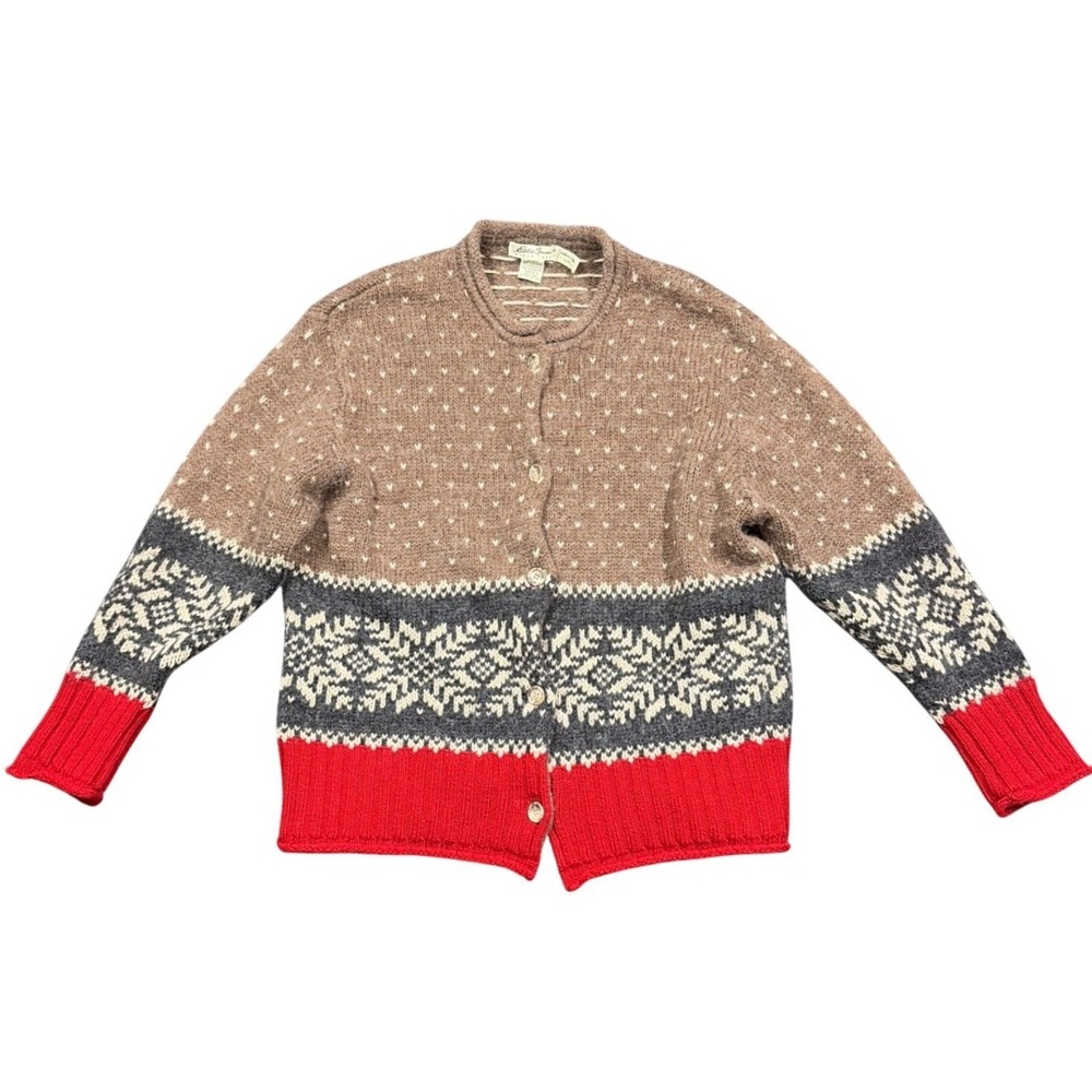 Eddie Bauer Cardigan Womens L Brown Fair Isle Wool Alpaca Snowflake Sweater